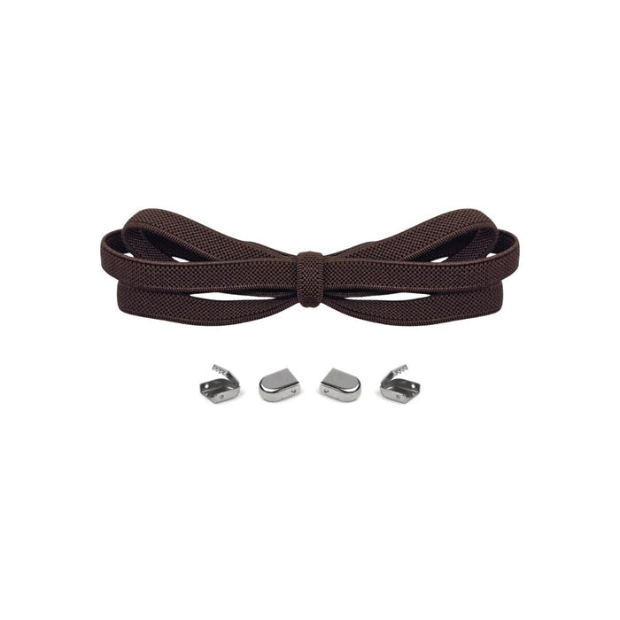 Dark brown no-tie elastic shoelaces with buckle lock system for converting sneakers into slip-on shoes by Kicks Shoelaces.