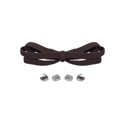 Dark brown no-tie elastic shoelaces with buckle lock system for converting sneakers into slip-on shoes by Kicks Shoelaces.