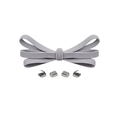 Light grey no-tie elastic shoelaces with buckle lock system for converting sneakers into slip-on shoes by Kicks Shoelaces.