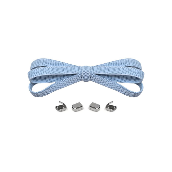 Light blue no-tie elastic shoelaces with buckle lock system for converting sneakers into slip-on shoes by Kicks Shoelaces.