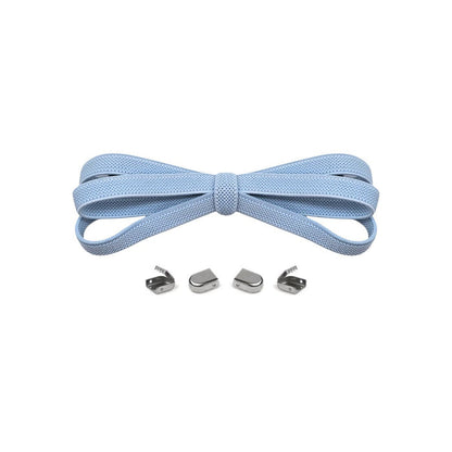 Light blue no-tie elastic shoelaces with buckle lock system for converting sneakers into slip-on shoes by Kicks Shoelaces.