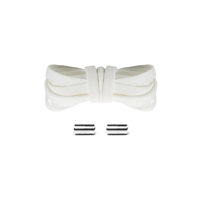 White elastic no-tie shoelaces with silver capsule lock system for a premium all-black sneaker finish, easy slip-on fit.