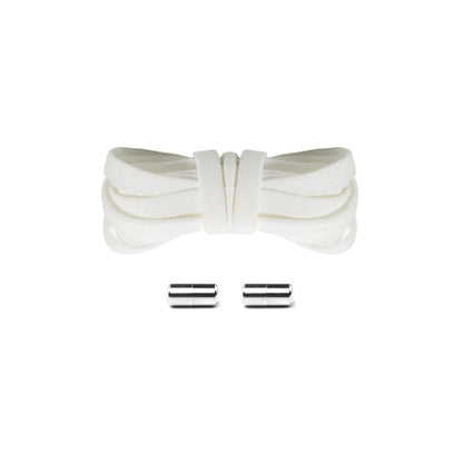 White elastic no-tie shoelaces with silver capsule lock system for a premium all-black sneaker finish, easy slip-on fit.