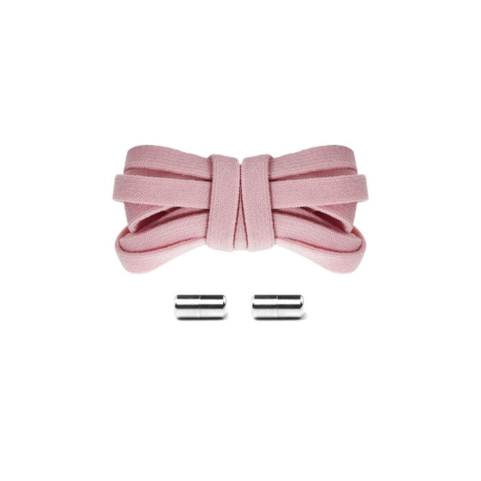 Light pink elastic no-tie shoelaces with silver capsule lock system for a premium all-black sneaker finish, easy slip-on fit.