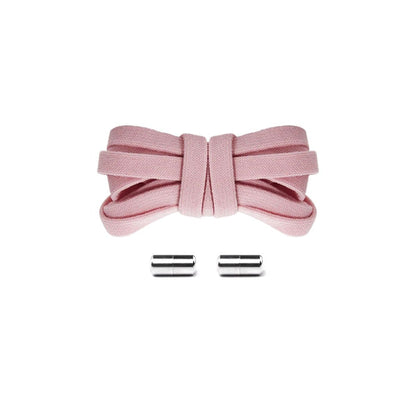 Light pink elastic no-tie shoelaces with silver capsule lock system for a premium all-black sneaker finish, easy slip-on fit.