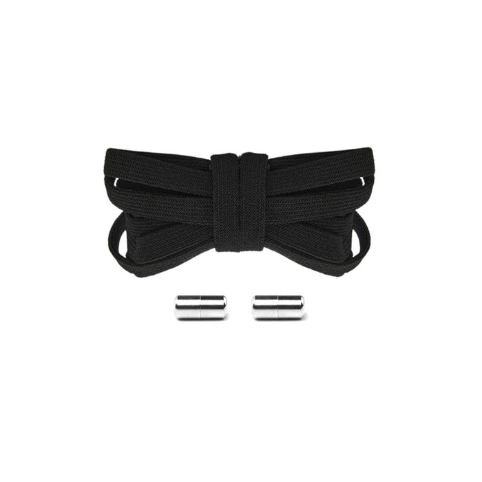 Black elastic no-tie shoelaces with silver capsule lock system for a premium all-black sneaker finish, easy slip-on fit.