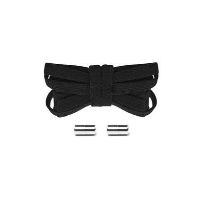 Black elastic no-tie shoelaces with silver capsule lock system for a premium all-black sneaker finish, easy slip-on fit.
