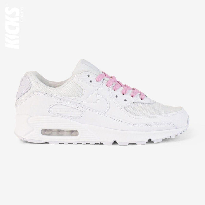 Pink shoelaces on white lifestyle sneakers, a stylish lace upgrade for everyday shoes by Kicks Shoelaces
