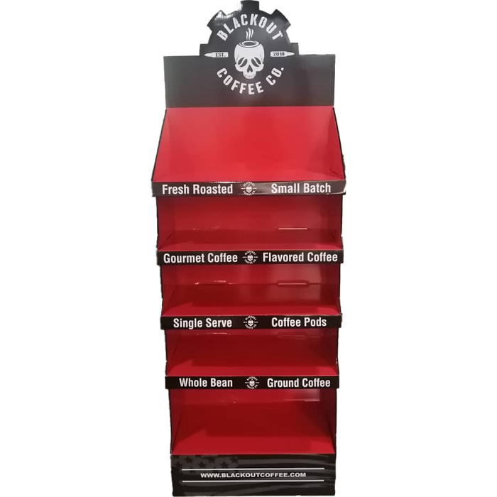 Red display rack with Blackout Coffee Co branding on a white background