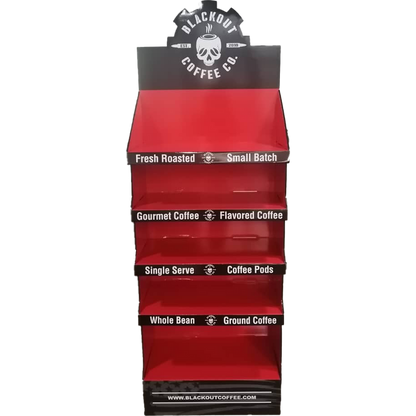 Red display rack with Blackout Coffee Co branding on a white background