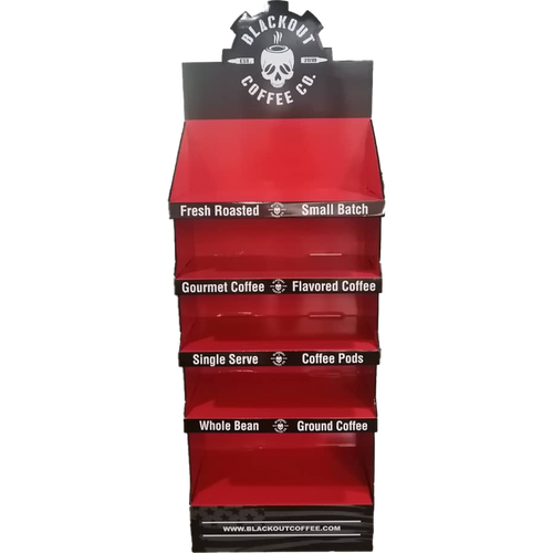 Red display rack with Blackout Coffee Co branding on a white background