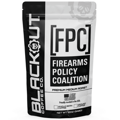 Coffee bag from Blackout Coffee Co. with Firearms Policy Coalition branding.