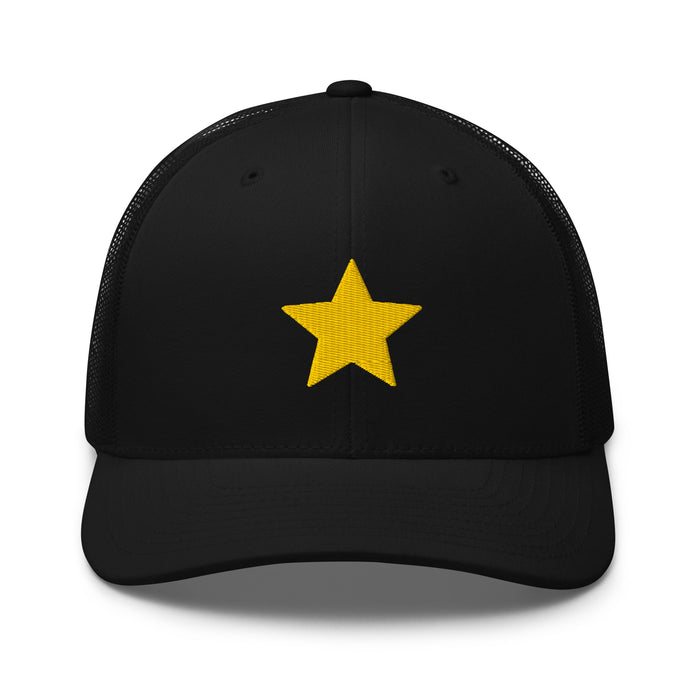 Gold Star black Trucker Cap with structured front, mesh back, and embroidered gold star detail by Kicks Shoelaces