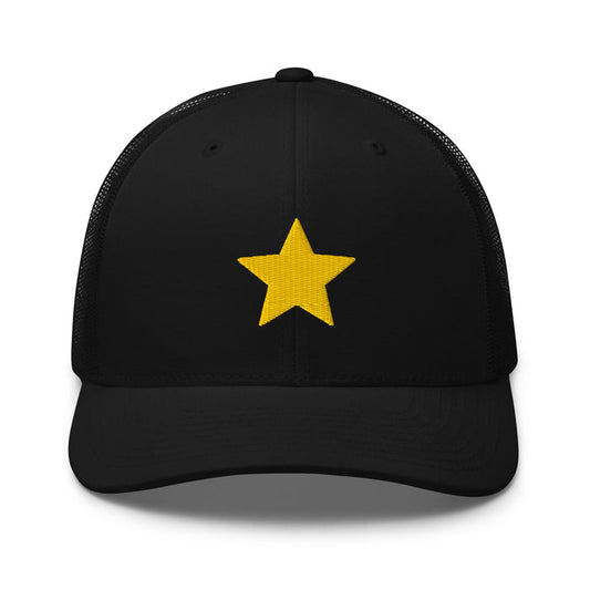 Gold Star black Trucker Cap with structured front, mesh back, and embroidered gold star detail by Kicks Shoelaces