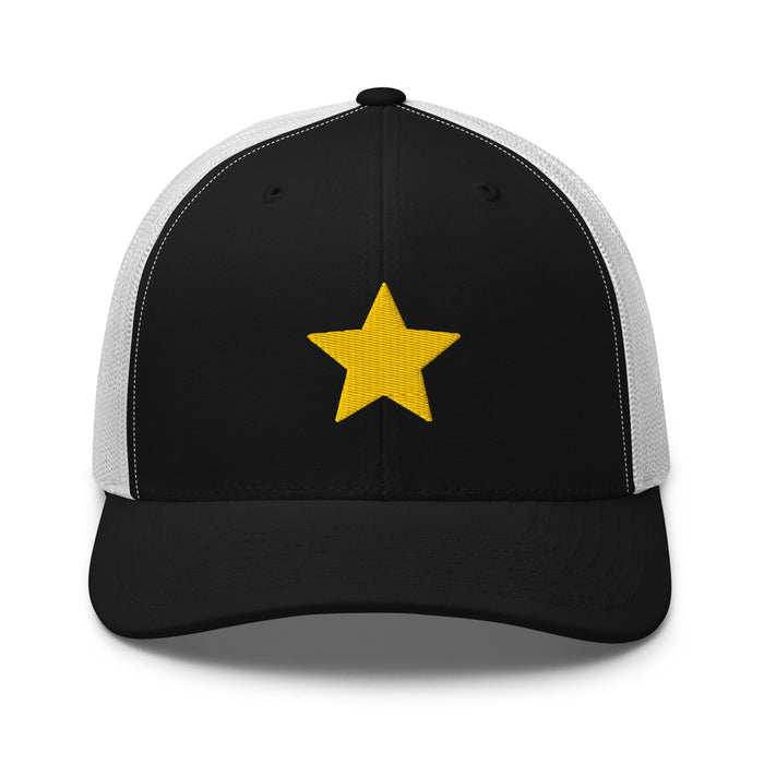 Gold Star black and white Trucker Cap with structured front, mesh back, and embroidered gold star detail by Kicks Shoelaces