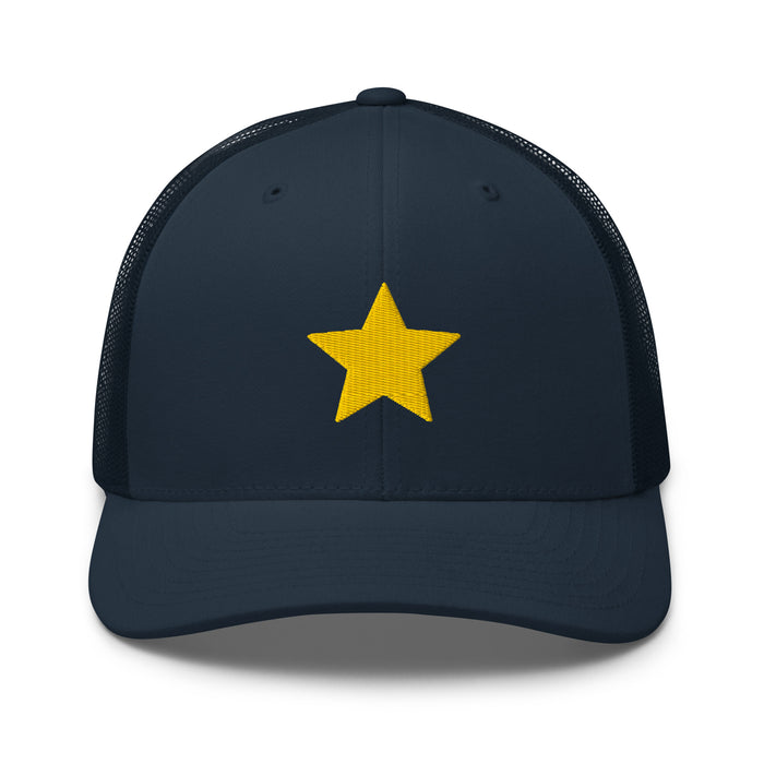 Gold Star navy Trucker Cap with structured front, mesh back, and embroidered gold star detail by Kicks Shoelaces