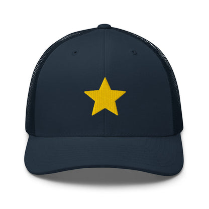 Gold Star navy Trucker Cap with structured front, mesh back, and embroidered gold star detail by Kicks Shoelaces