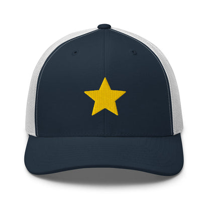 Gold Star navy and white Trucker Cap with structured front, mesh back, and embroidered gold star detail by Kicks Shoelaces