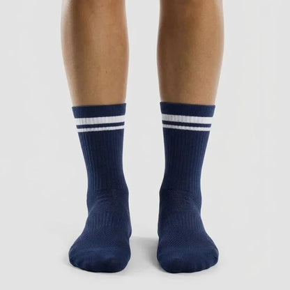 Navy blue athletic crew socks with breathable mesh by Kicks Shoelaces