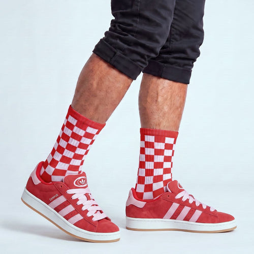 Model wearing Better Scarlet Adidas Campus 00s with pink 15mm wide replacement laces in a clean studio setting by Kicks Shoelaces