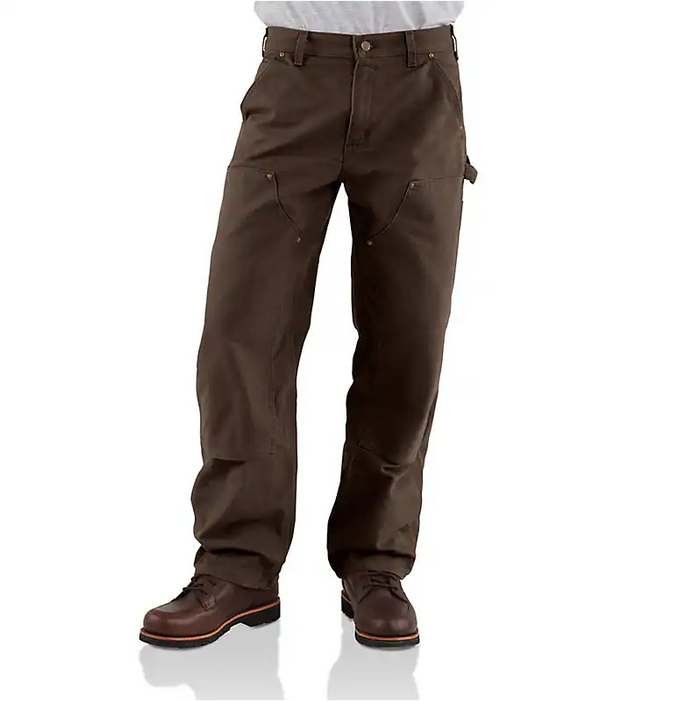 LOOSE STRAIGHT WASHED DUCK DOUBLE-FRONT DUNGAREE WORK PANTS - DARK BROWN