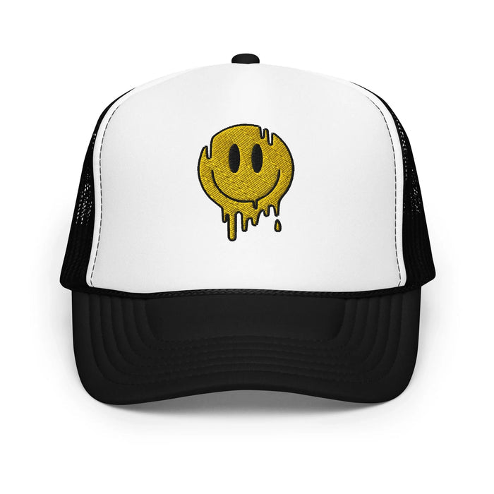 Black / White / Black / One Size Fits Most / Smiley Face Hat | Embroidered