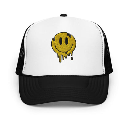 Black / White / Black / One Size Fits Most / Smiley Face Hat | Embroidered