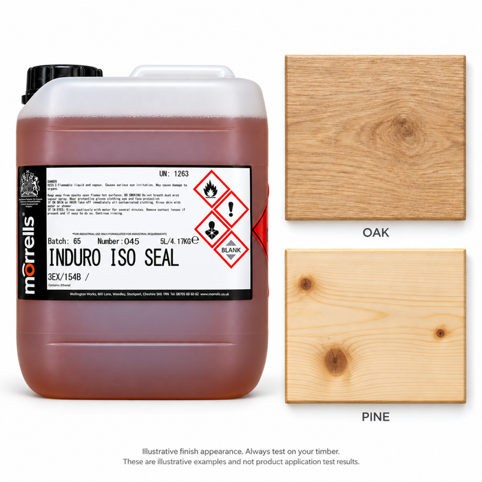 A large white plastic container of Morellis Induro ISO Seal wood consolidant with a black cap, shown next to two wood finish swatches labeled OAK and PINE on a white background.