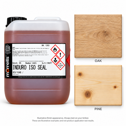 A large white plastic container of Morellis Induro ISO Seal wood consolidant with a black cap, shown next to two wood finish swatches labeled OAK and PINE on a white background.
