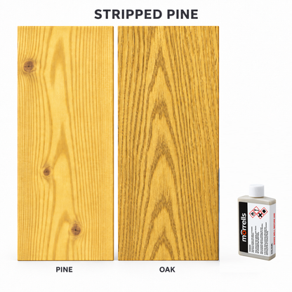 Morrells Light Fast Wood Stain 100ml sample in Stripped Pine with indicative appearance on pine and oak