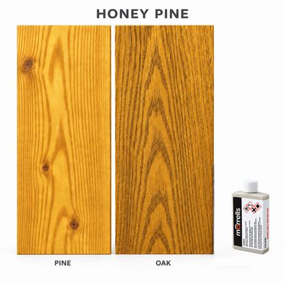 Morrells Light Fast Wood Stain 100ml sample in Honey Pine with indicative appearance on pine and oak