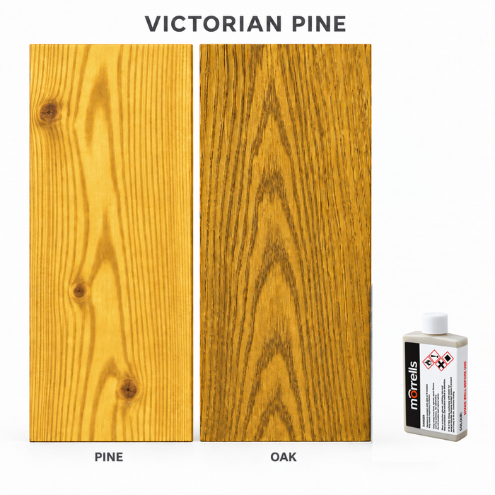 Morrells Light Fast Wood Stain 100ml sample in Victorian Pine with indicative appearance on pine and oak