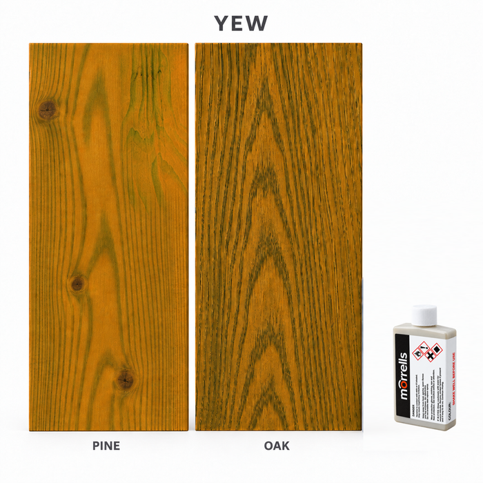 Morrells Light Fast Wood Stain 100ml sample in Yew with indicative appearance on pine and oak