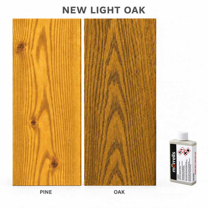 Morrells Light Fast Wood Stain 100ml sample in New Light Oak with indicative appearance on pine and oak