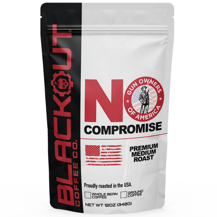 Blackout Coffee Co. packaging with 'No Compromise' branding on a white background