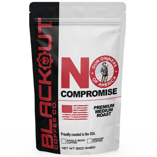 Blackout Coffee Co. packaging with 'No Compromise' branding on a white background