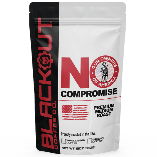 Blackout Coffee Co. packaging with 'No Compromise' branding on a white background