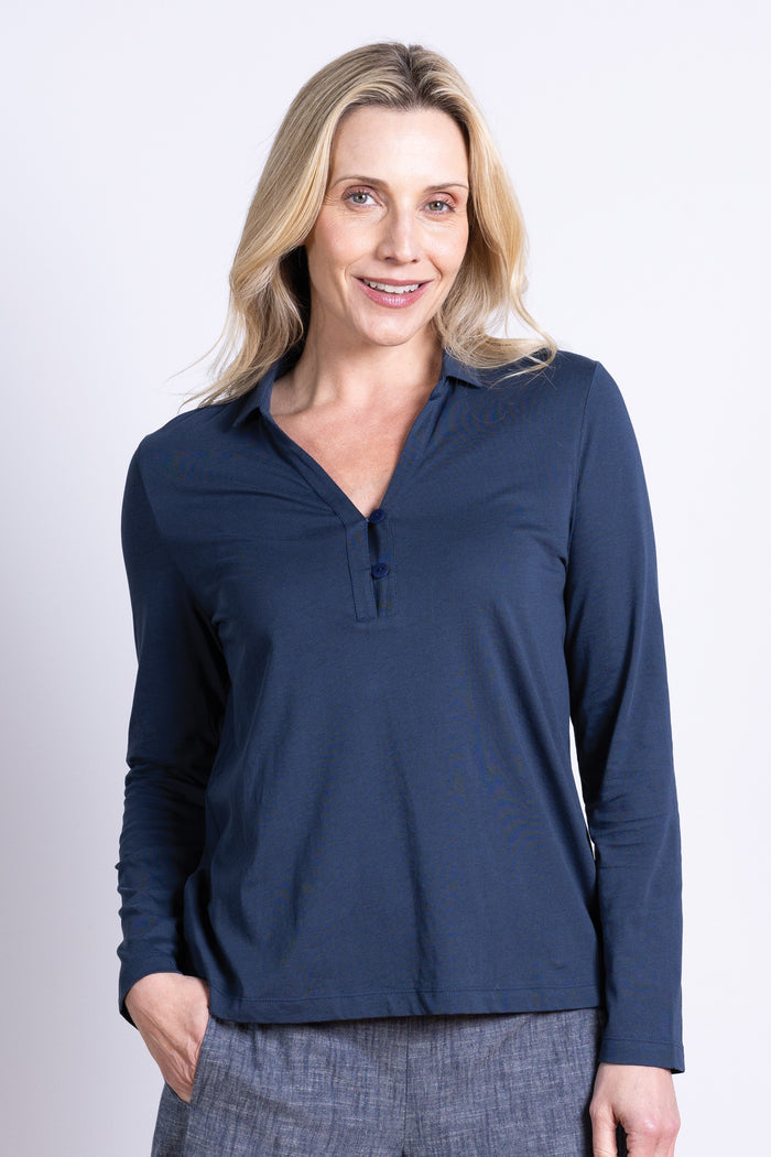 Nomads GOTS Organic Cotton Jersey Collared Top in Oxford Blue