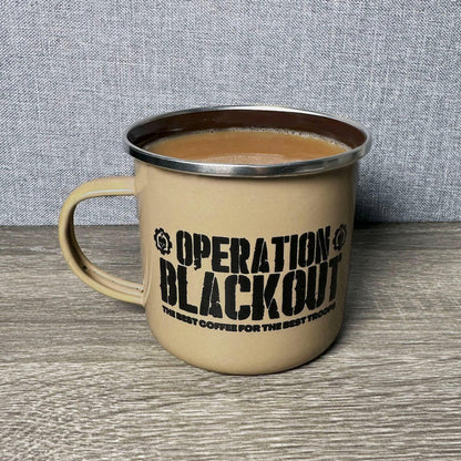 Operation Blackout Enamel Steel Mug 12 oz with coffee