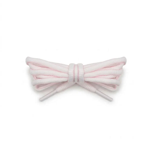 A pair of white shoelaces with a pink trim tied in a neat bow, displayed on a clean white background.