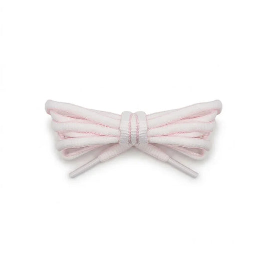 A pair of white shoelaces with a pink trim tied in a neat bow, displayed on a clean white background.