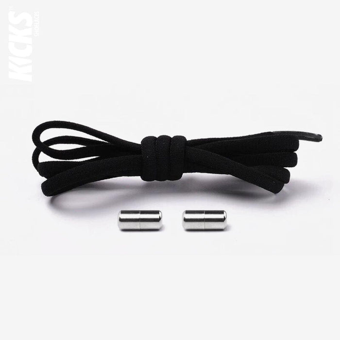 Black oval no-tie elastic shoelaces with capsule lock system by Kicks Shoelaces