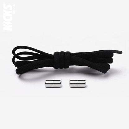 Black oval no-tie elastic shoelaces with capsule lock system by Kicks Shoelaces