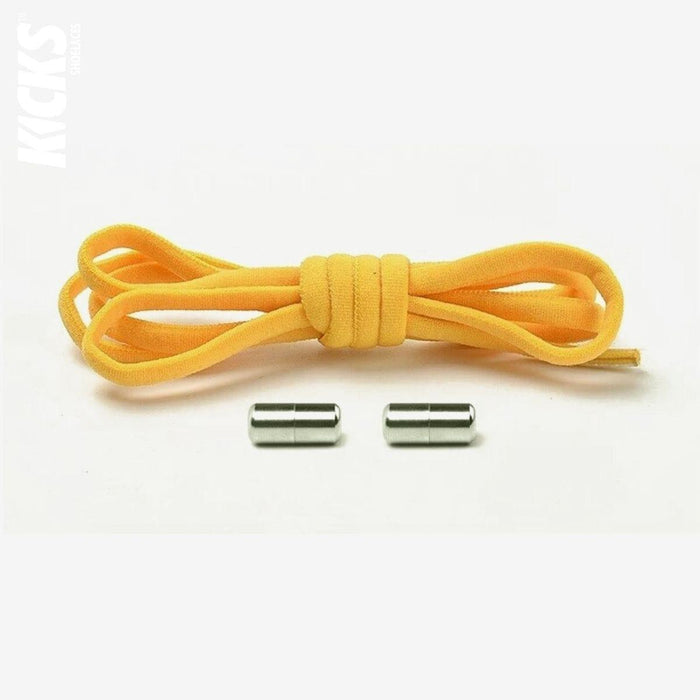 Golden yellow oval no-tie elastic shoelaces with capsule lock system by Kicks Shoelaces