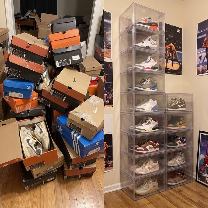 Before and after comparison showing messy shoe boxes transformed into organised clear shoe display boxes