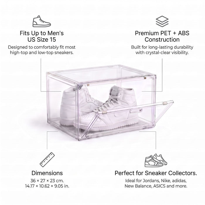 Clear shoe display box  with a drop down door, shown on a white background with text callouts about size, construction, dimensions, and suitability for sneaker collectors. White high-top sneakers are placed inside as a demonstration.