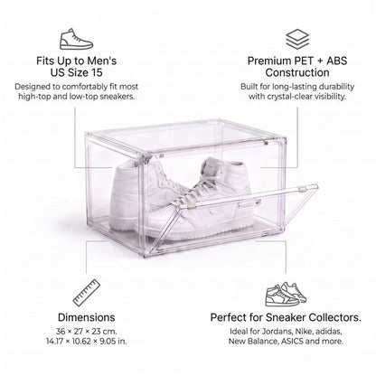 Clear shoe display box  with a drop down door, shown on a white background with text callouts about size, construction, dimensions, and suitability for sneaker collectors. White high-top sneakers are placed inside as a demonstration.