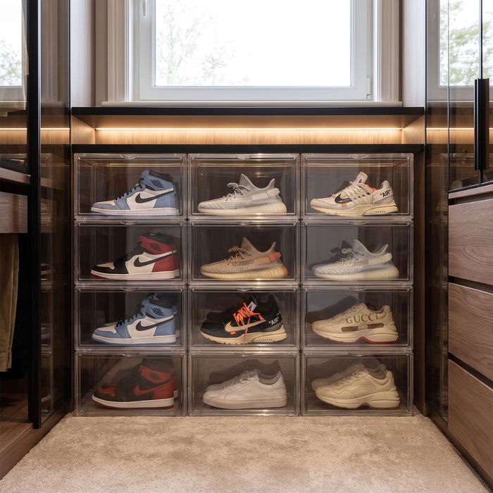 Stackable clear shoe display boxes organising a premium sneaker collection in a wardrobe