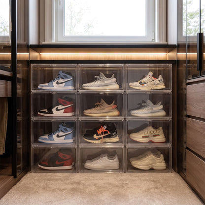 Stackable clear shoe display boxes organising a premium sneaker collection in a wardrobe