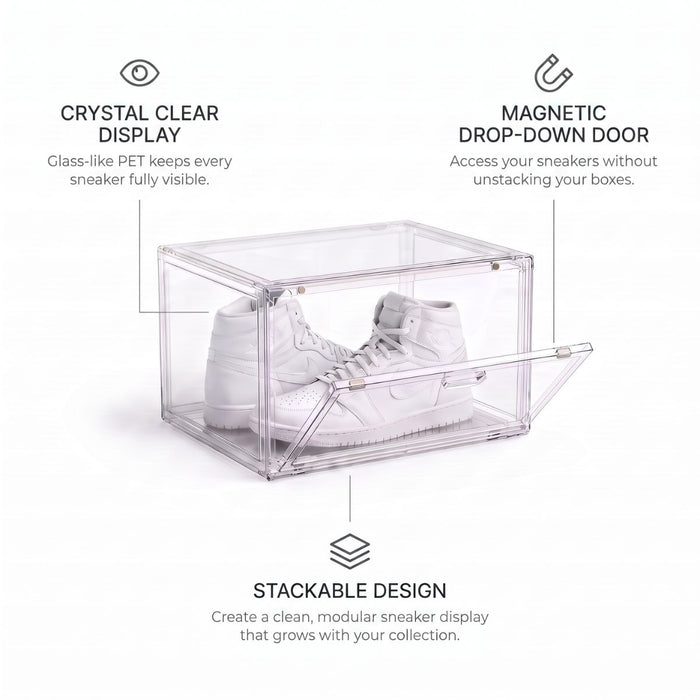Transparent sneaker box with white sneakers inside, shown on a light gray background with feature callouts: crystal clear display, magnetic drop-down door, and stackable design.